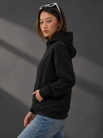 Leotude Women's Black Solid Hooded Sweatshirt