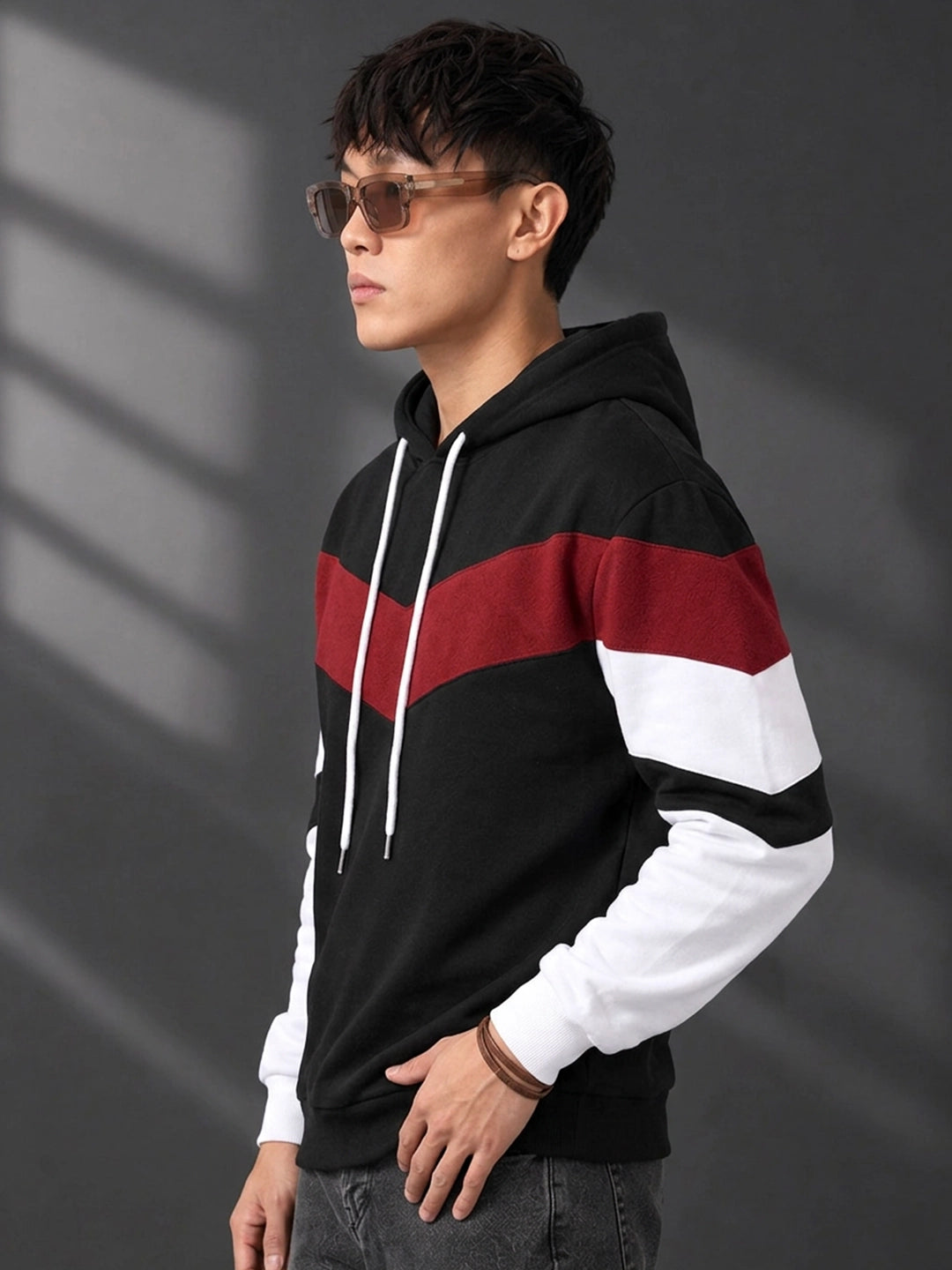 Leotude Black Maroon and White Colorblock Hooded Sweatshirt for Men
