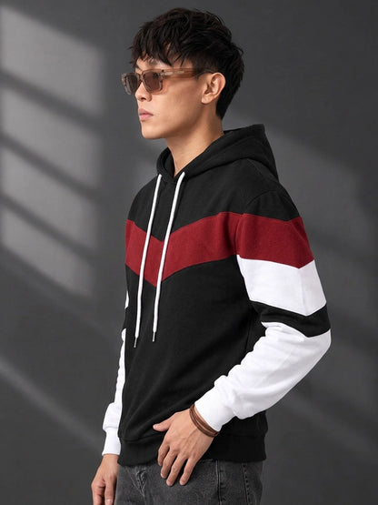 Leotude Black Maroon and White Colorblock Hooded Sweatshirt for Men