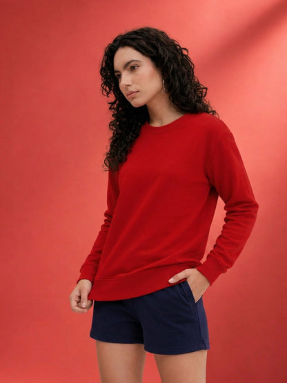 Leotude Women's Solid Red Round Neck Sweatshirt