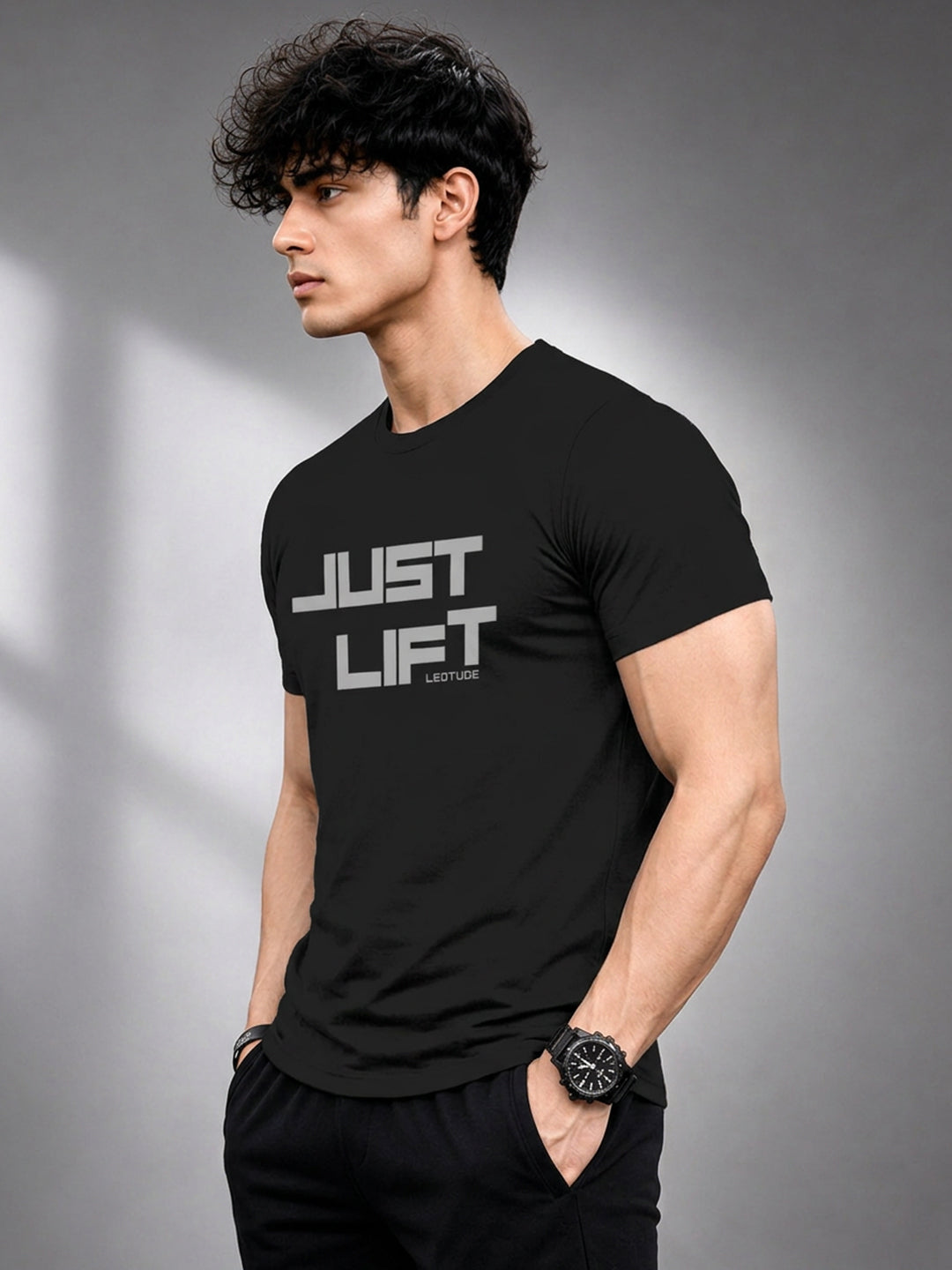 Leotude Black Just Lift Printed Regular Fit Tshirt for Men