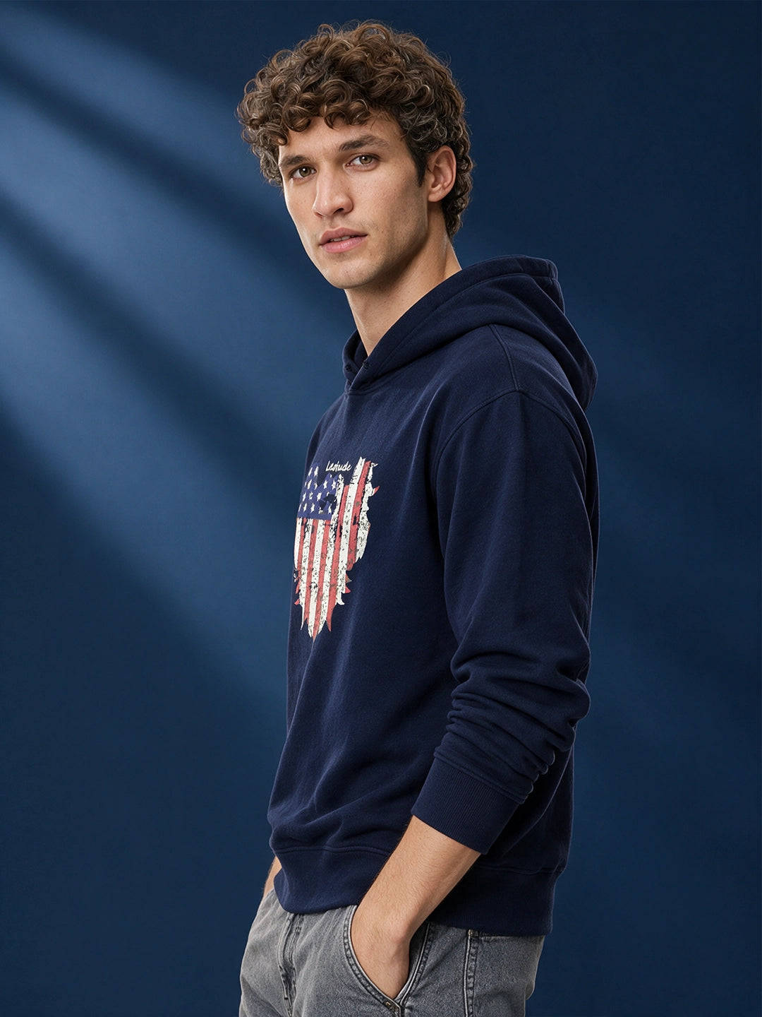 Leotude Navy Blue American Flag Graphic Printed Hooded Sweatshirt for Men