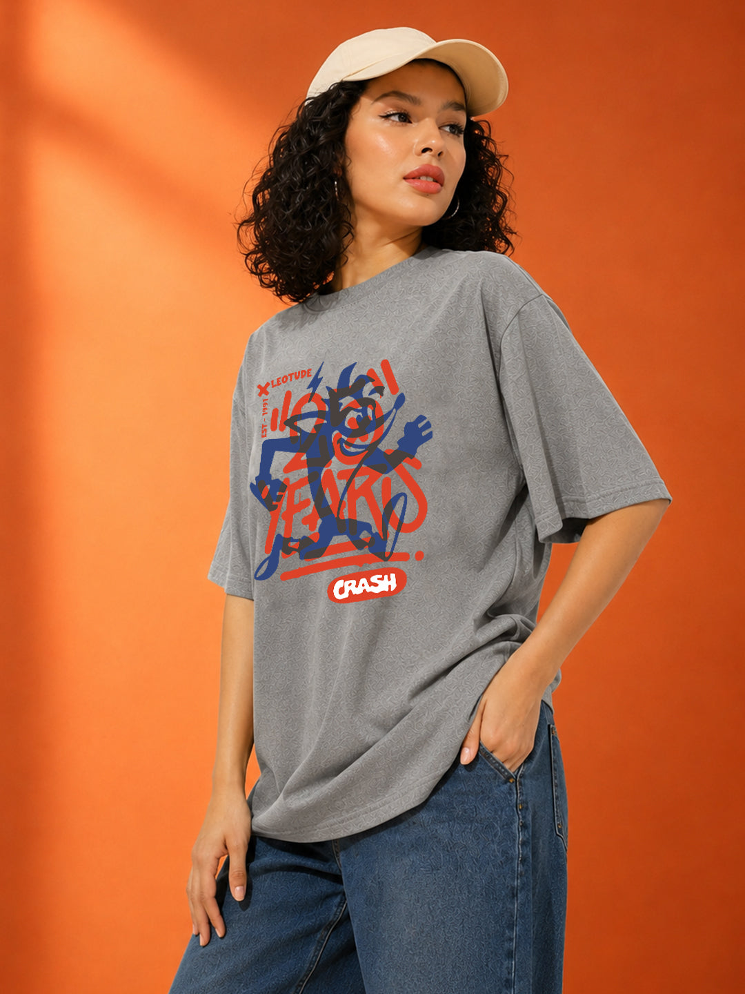 Leotude Women's Crash Graffiti Printed Grey Oversized T-Shirt