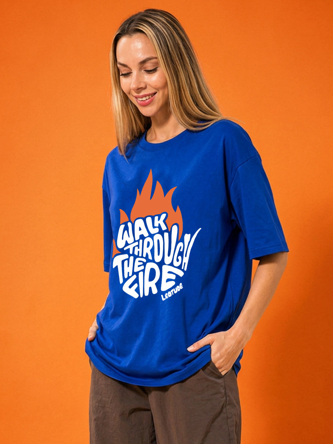 Leotude Blue The Fire Printed Oversized Tshirt for Women