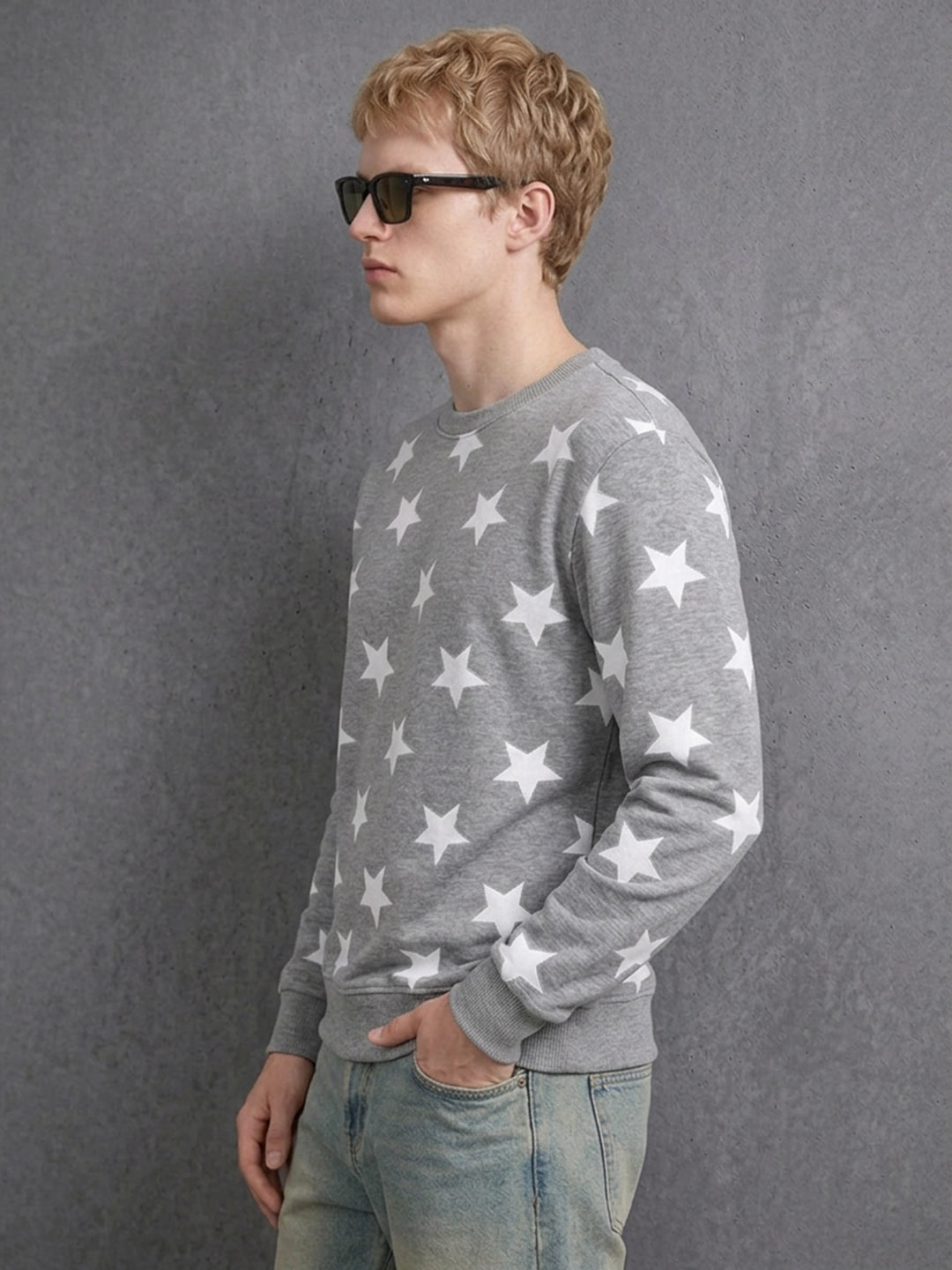 Leotude Men's Grey Melange All-Over Star Printed Sweatshirt
