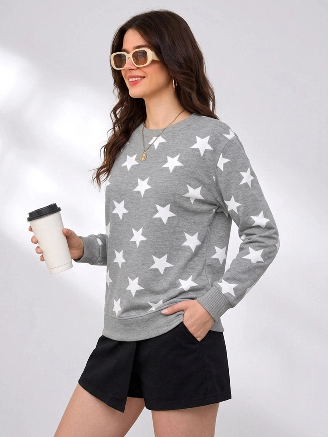 Leotude Women's Grey Melange All-Over Star Printed Sweatshirt