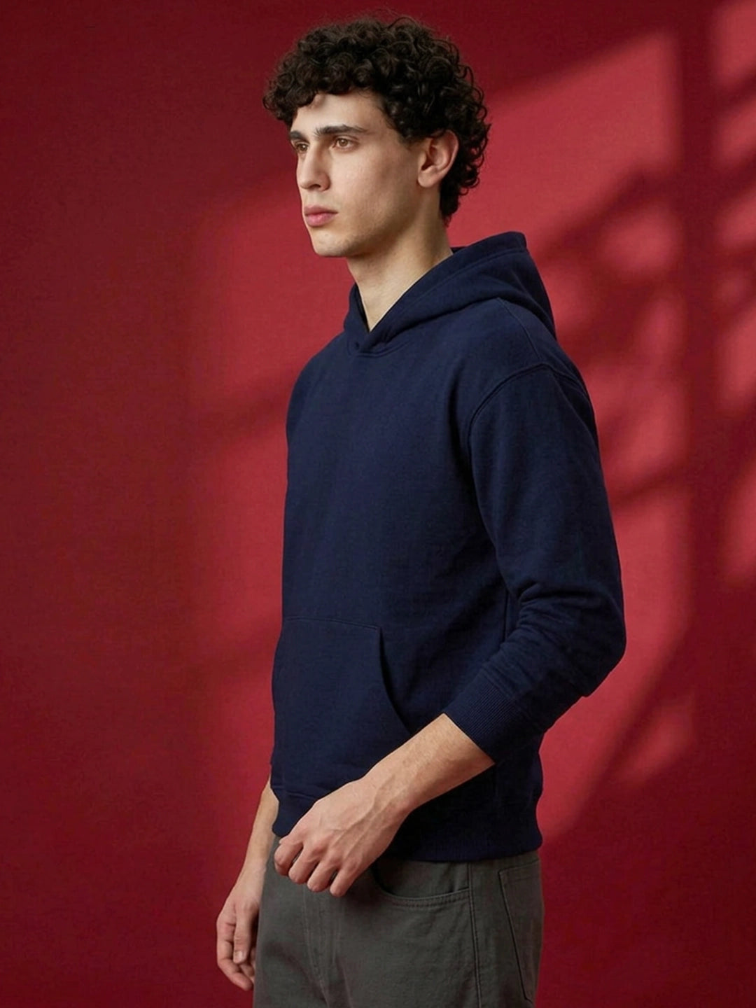Leotude Navy Blue Solid Hooded Sweatshirt for Men