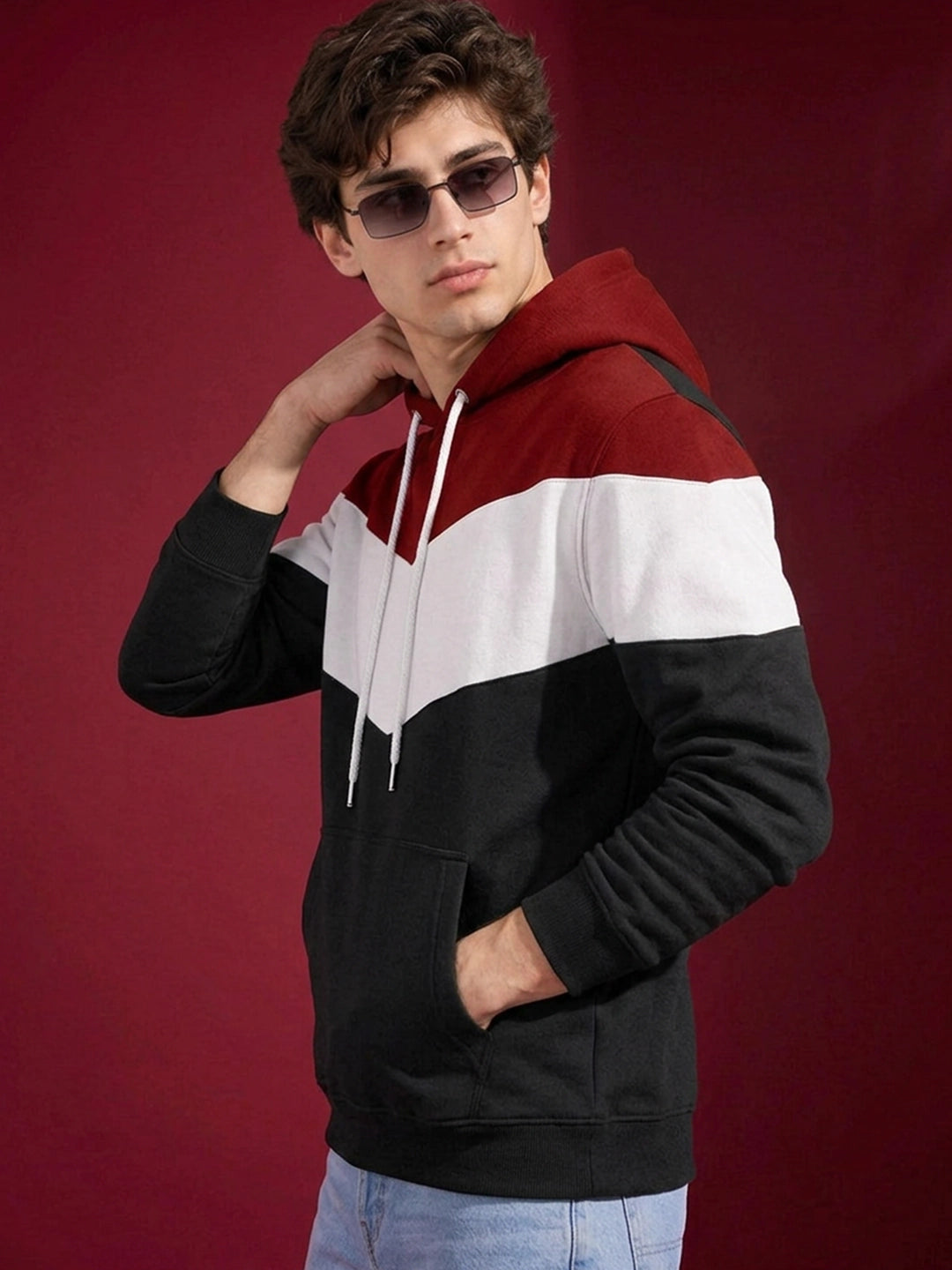 Leotude Maroon White and Black Colorblock Hooded Sweatshirt for Men