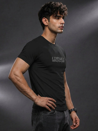 Leotude Black Gothic Wings Printed Regular Fit Tshirt for Men