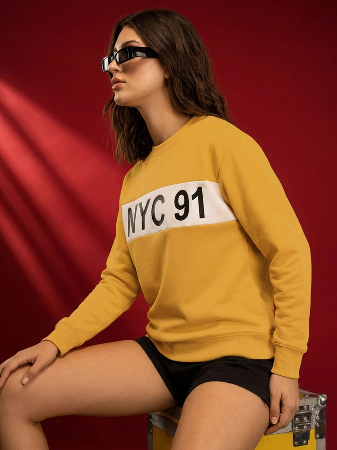 Leotude Women's Mustard Yellow NYC 91 Printed Round Neck Sweatshirt
