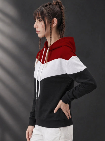 Leotude Women's Maroon, White & Black Colourblocked Hooded Sweatshirt