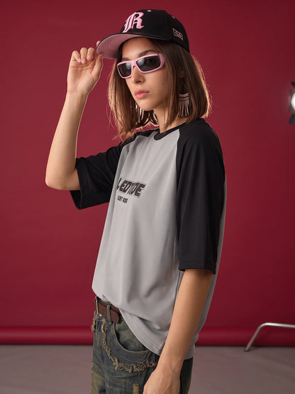 Leotude Women's Grey Just Roar Raglan Oversized T-Shirt