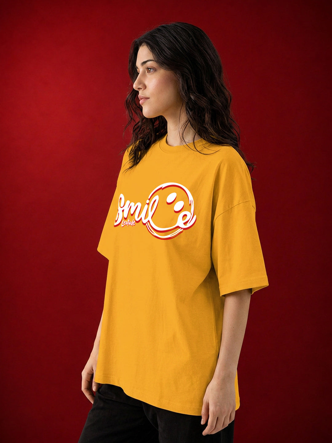 Leotude Mustard Smile Printed Oversized Tshirt for Women