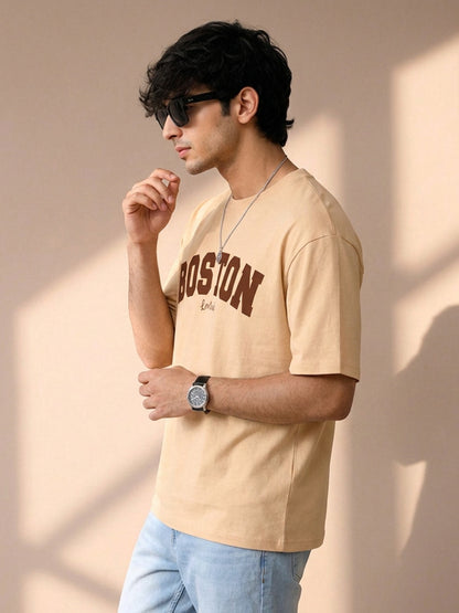 Leotude Men's "Boston" Printed Oversized T-Shirt — Beige Streetwear Tee