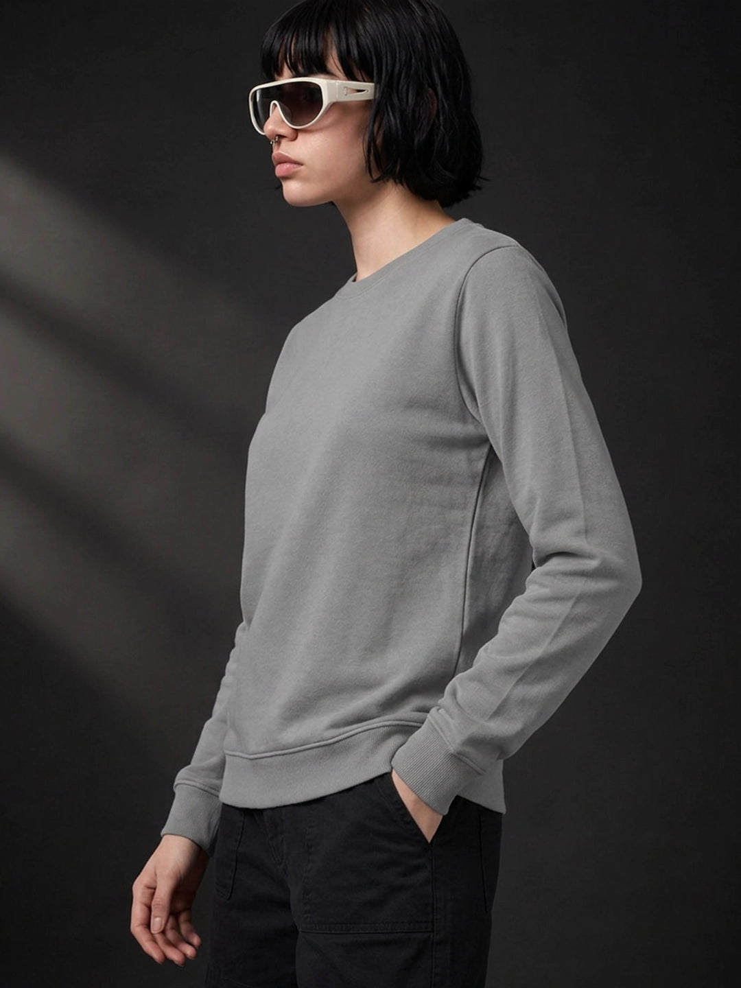 Leotude Women's Solid Grey Round Neck Sweatshirt
