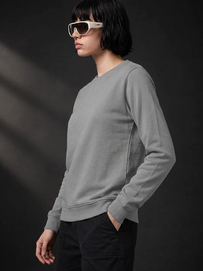 Leotude Women's Solid Grey Round Neck Sweatshirt