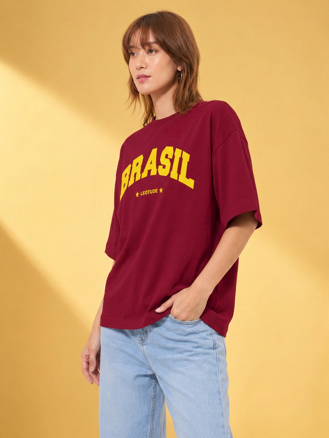 Leotude Maroon Brasil Printed Oversized Tshirt for Women