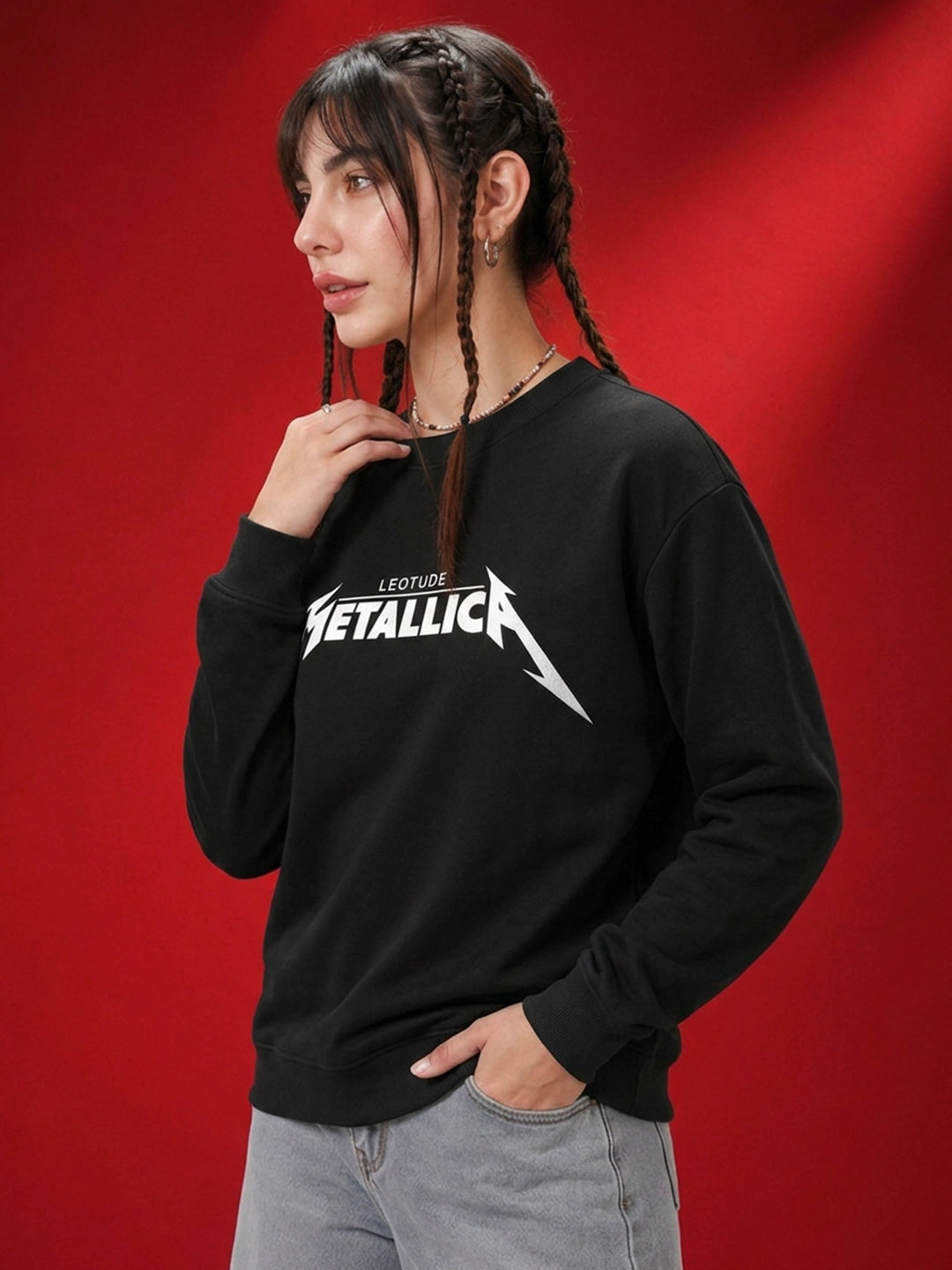 Leotude Women's Black Metallica Graphic Printed Sweatshirt