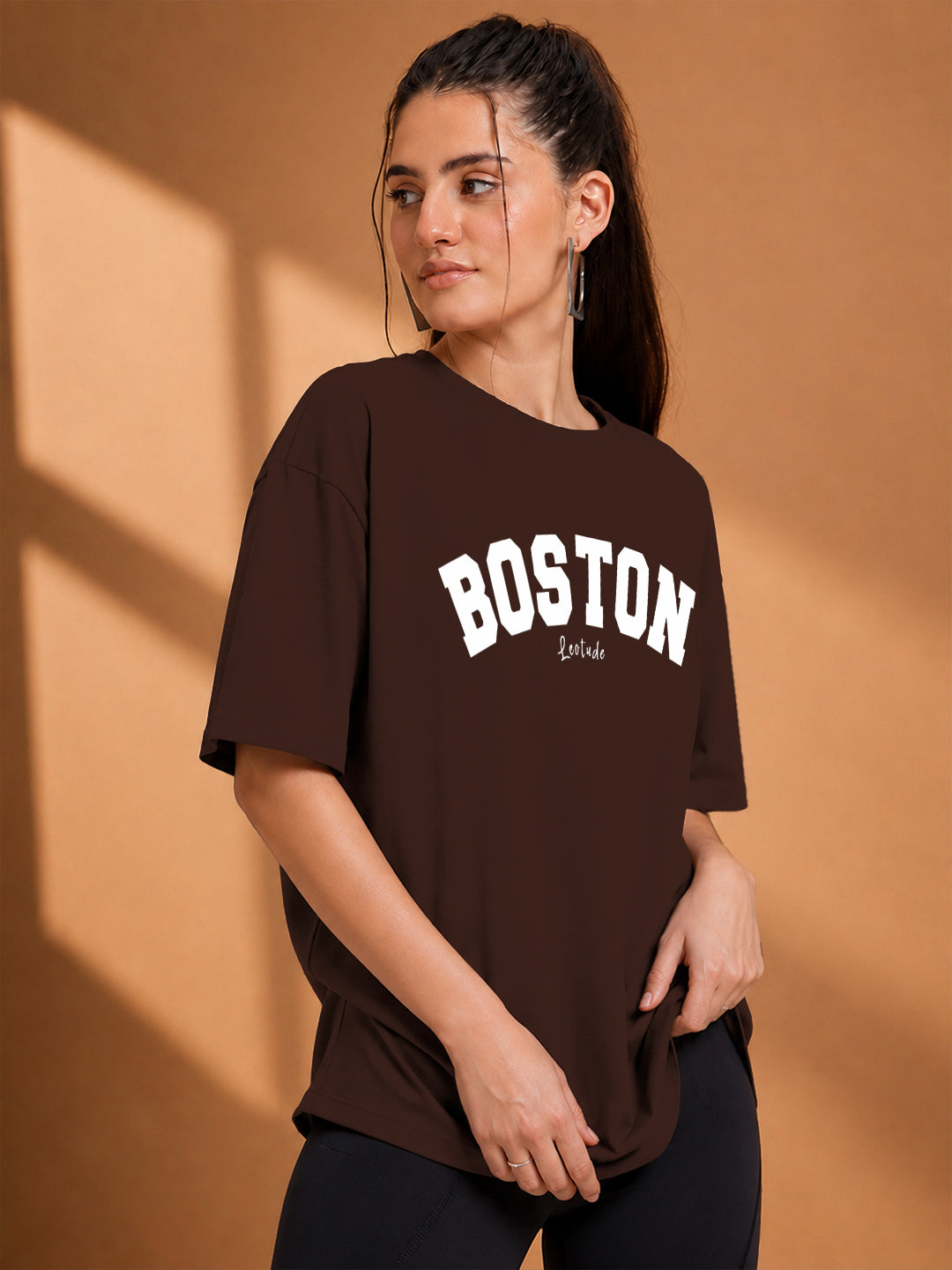 Leotude Brown Boston Printed Oversized Tshirt for Women