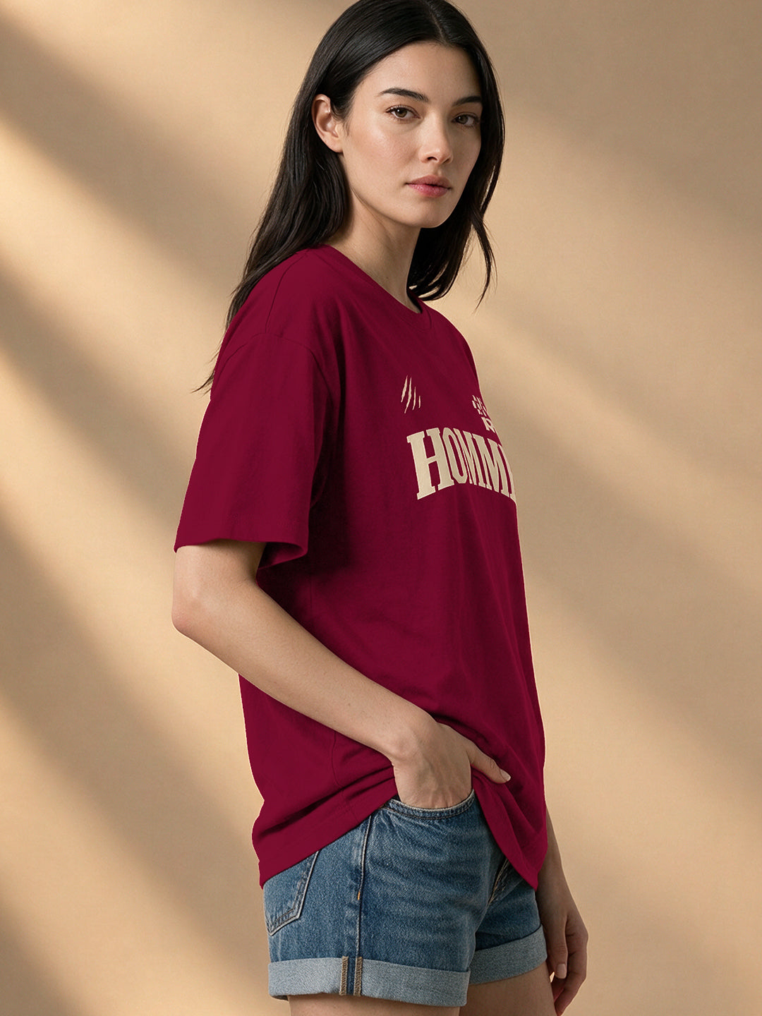 Leotude Women "Homme Motors" Maroon Oversized T-Shirt