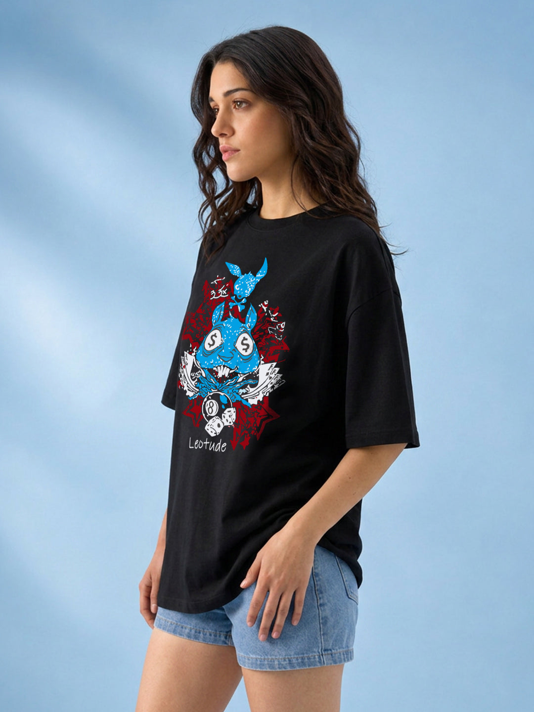 Leotude Black Rabbit Printed Oversized Tshirt for Women