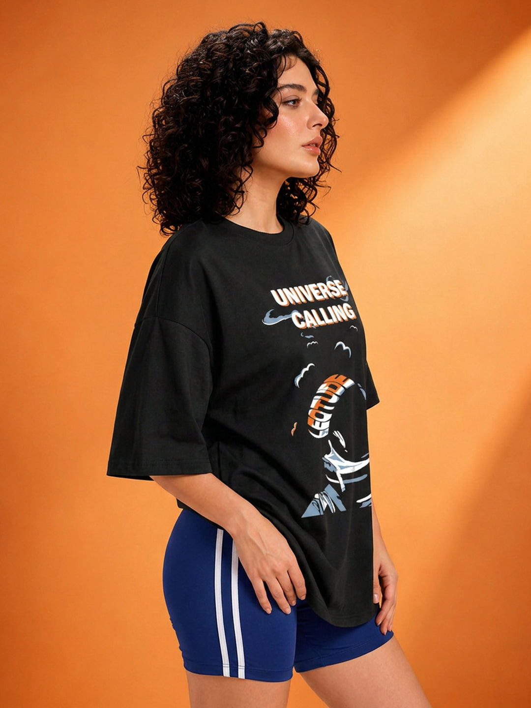 Leotude Black Universe Printed Oversized Tshirt for Women