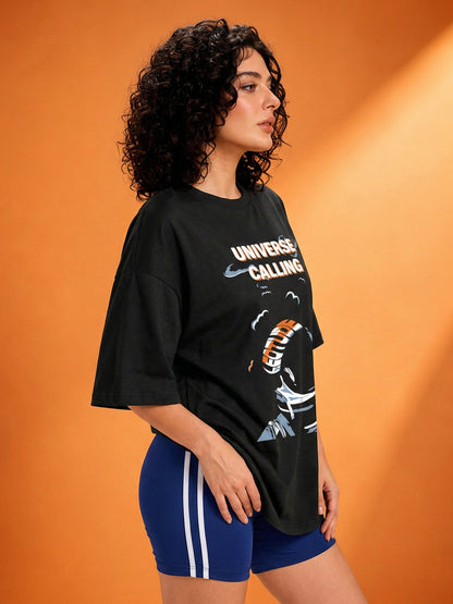 Leotude Black Universe Printed Oversized Tshirt for Women