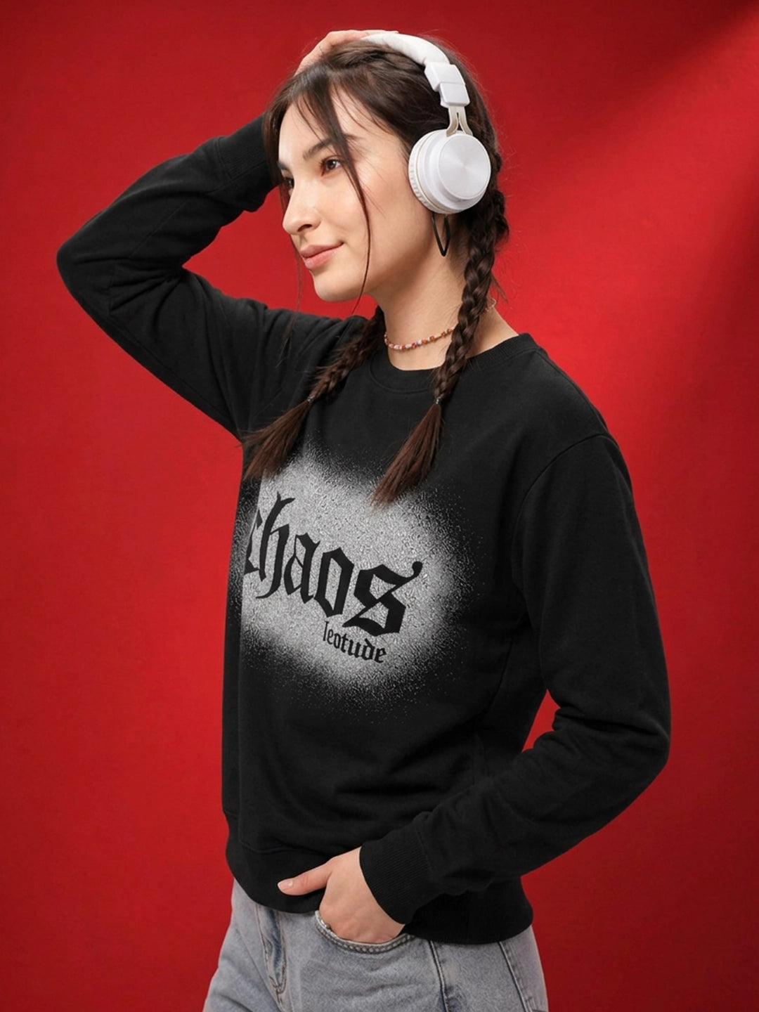 Leotude Women's Black CHAOS Printed Sweatshirt