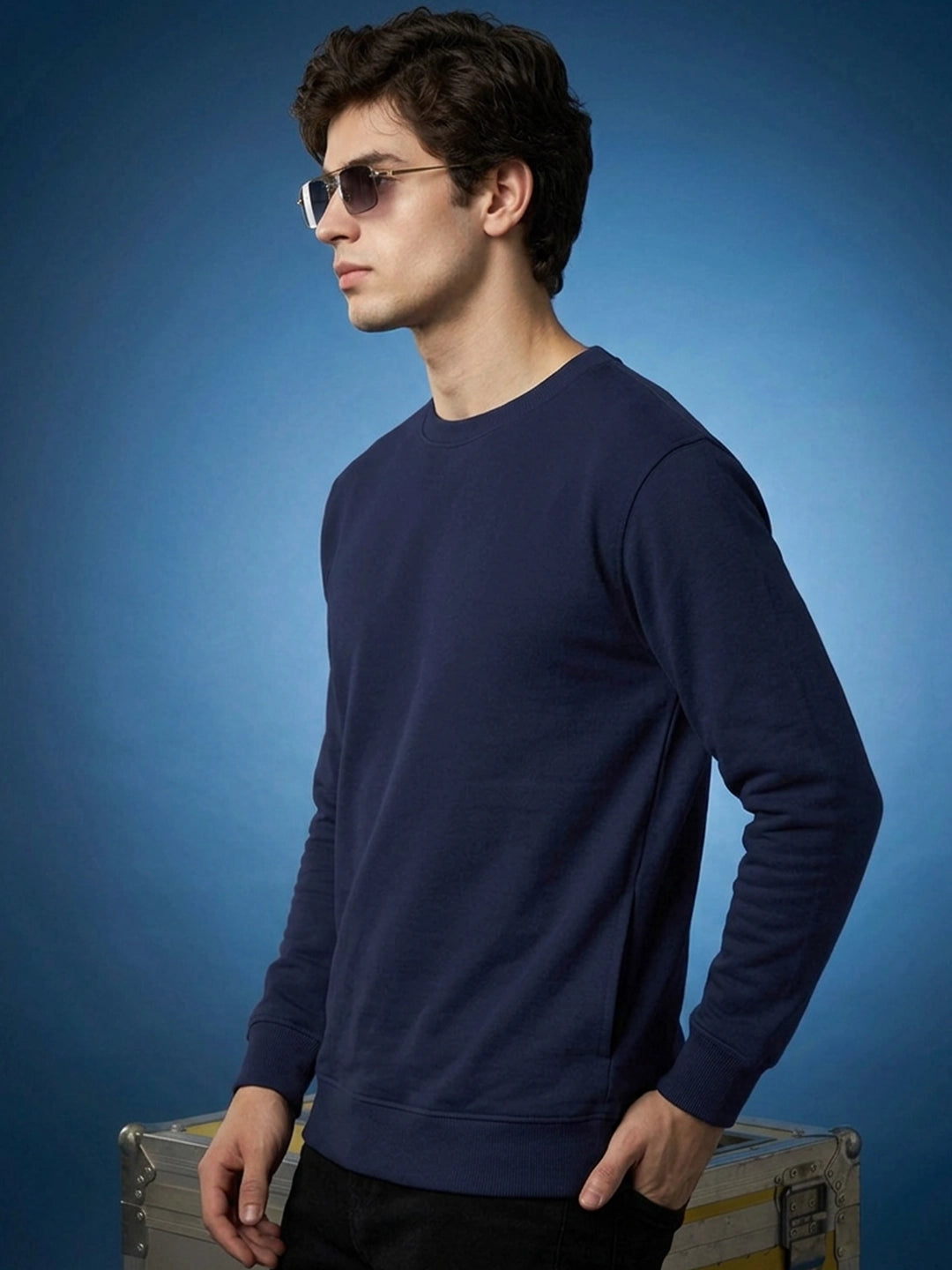 Men's Plain Navy Blue Crew Neck Sweatshirt