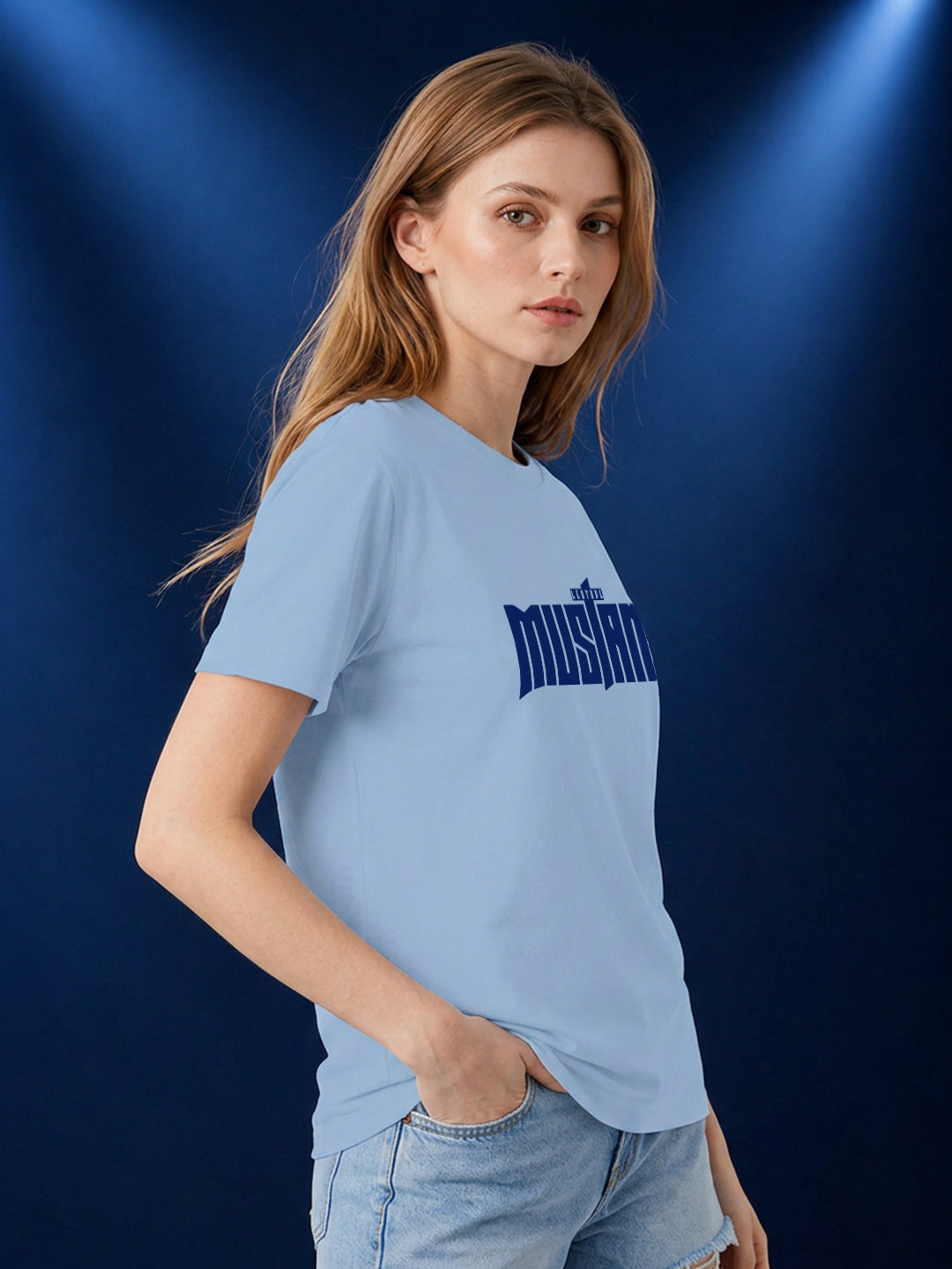 Leotude Women's Light Blue Mustang Printed T-Shirt