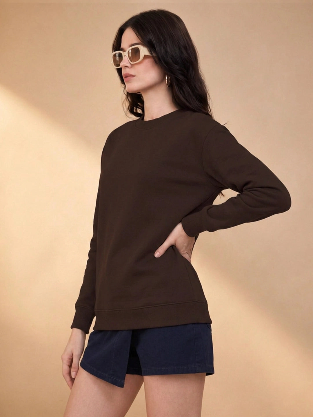 Leotude Women's Solid Brown Round Neck Sweatshirt