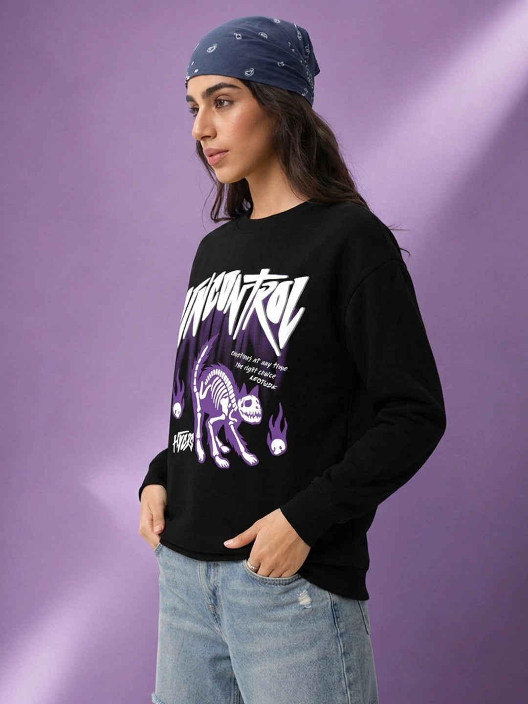 Leotude Women's Black UNCONTROL Cat Skeleton Graphic Printed Sweatshirt