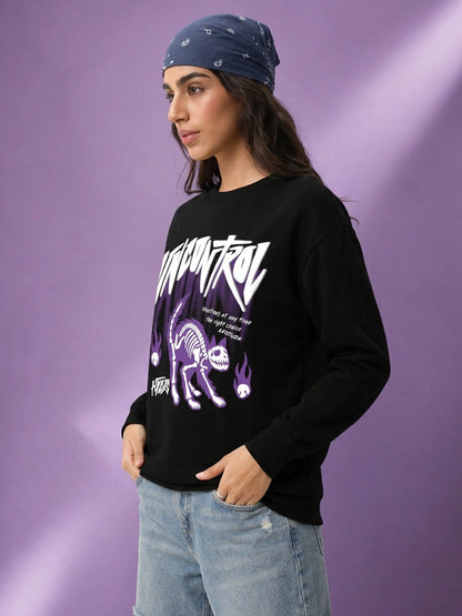 Leotude Women's Black UNCONTROL Cat Skeleton Graphic Printed Sweatshirt