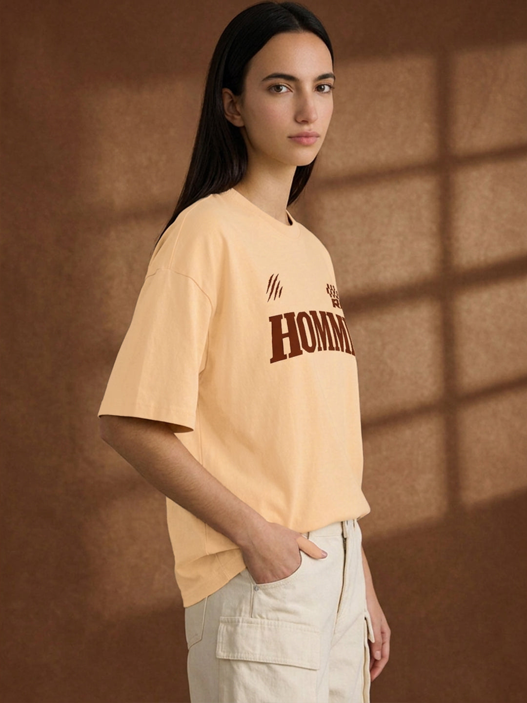 Leotude Women "Homme Motors" Beige Oversized T-Shirt