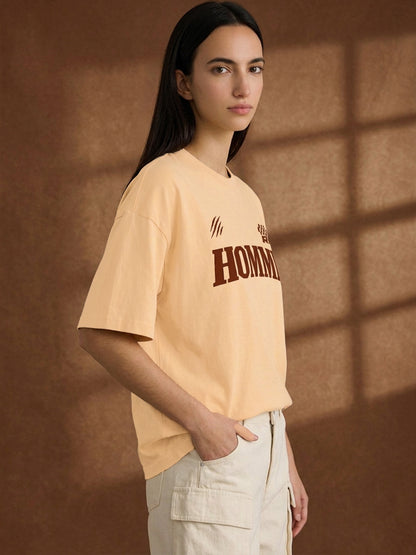 Leotude Women "Homme Motors" Beige Oversized T-Shirt