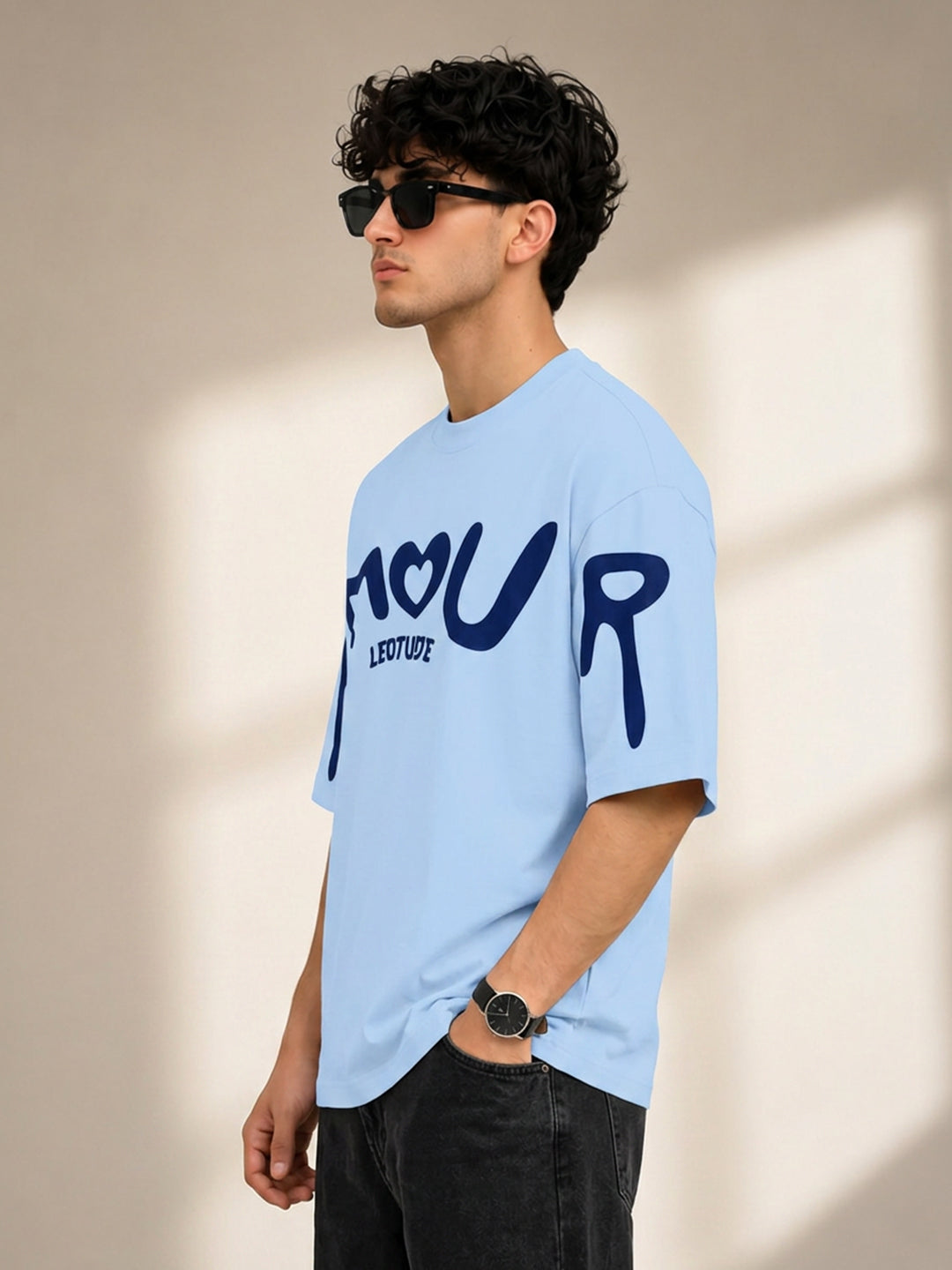 Leotude Aqua Amour Oversized Printed T-Shirt for Men | Half Sleeve Round Neck Casual T-shirt