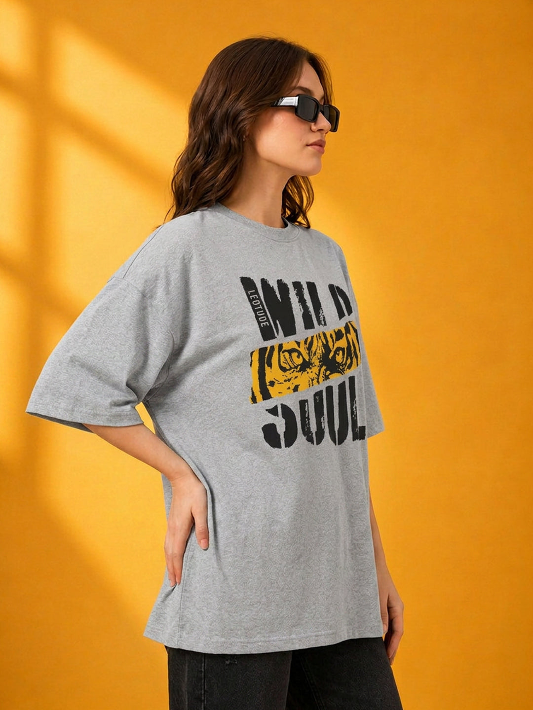 Leotude Grey Wild Soul Printed Oversized Tshirt for Women