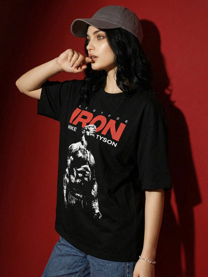 Leotude Women's Mike Tyson Iron Graphic Printed Black Oversized T-Shirt