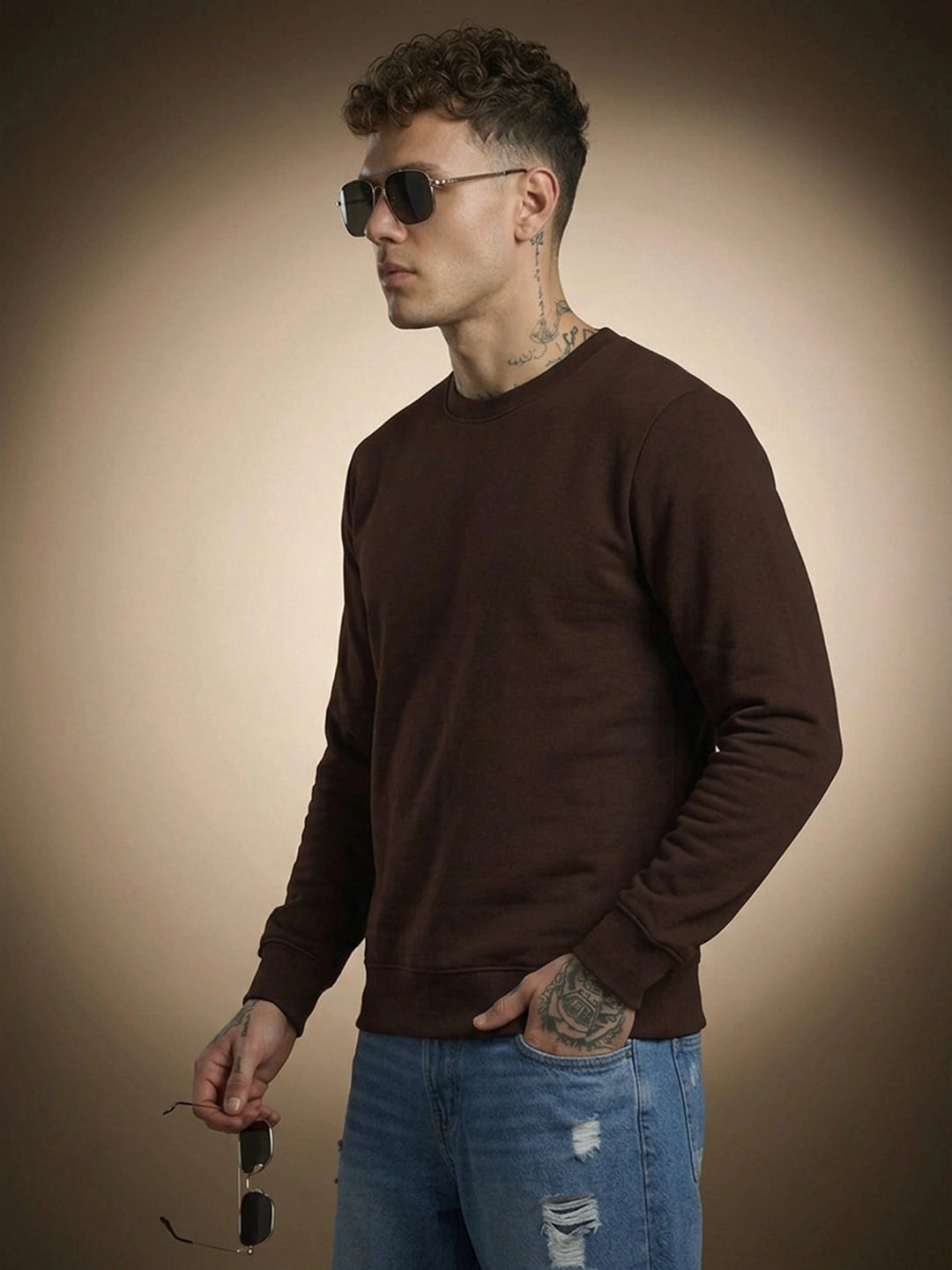 Men's Plain Brown Crew Neck Sweatshirt