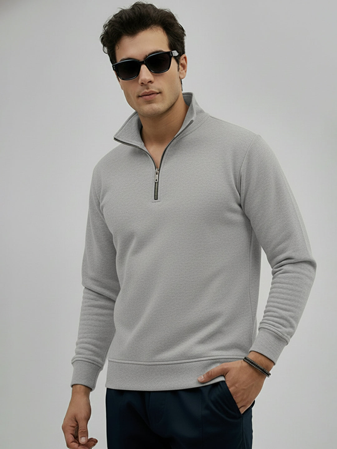 Leotude Grey High Neck Half Zipper Sweatshirt for Men