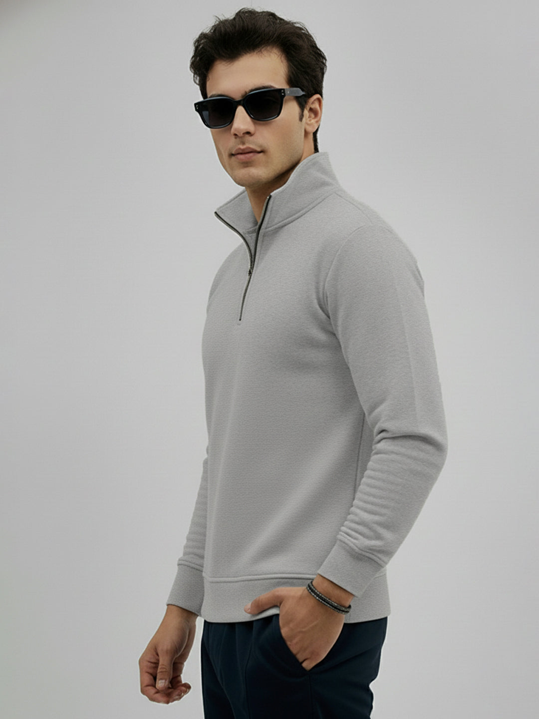Leotude Grey High Neck Half Zipper Sweatshirt for Men