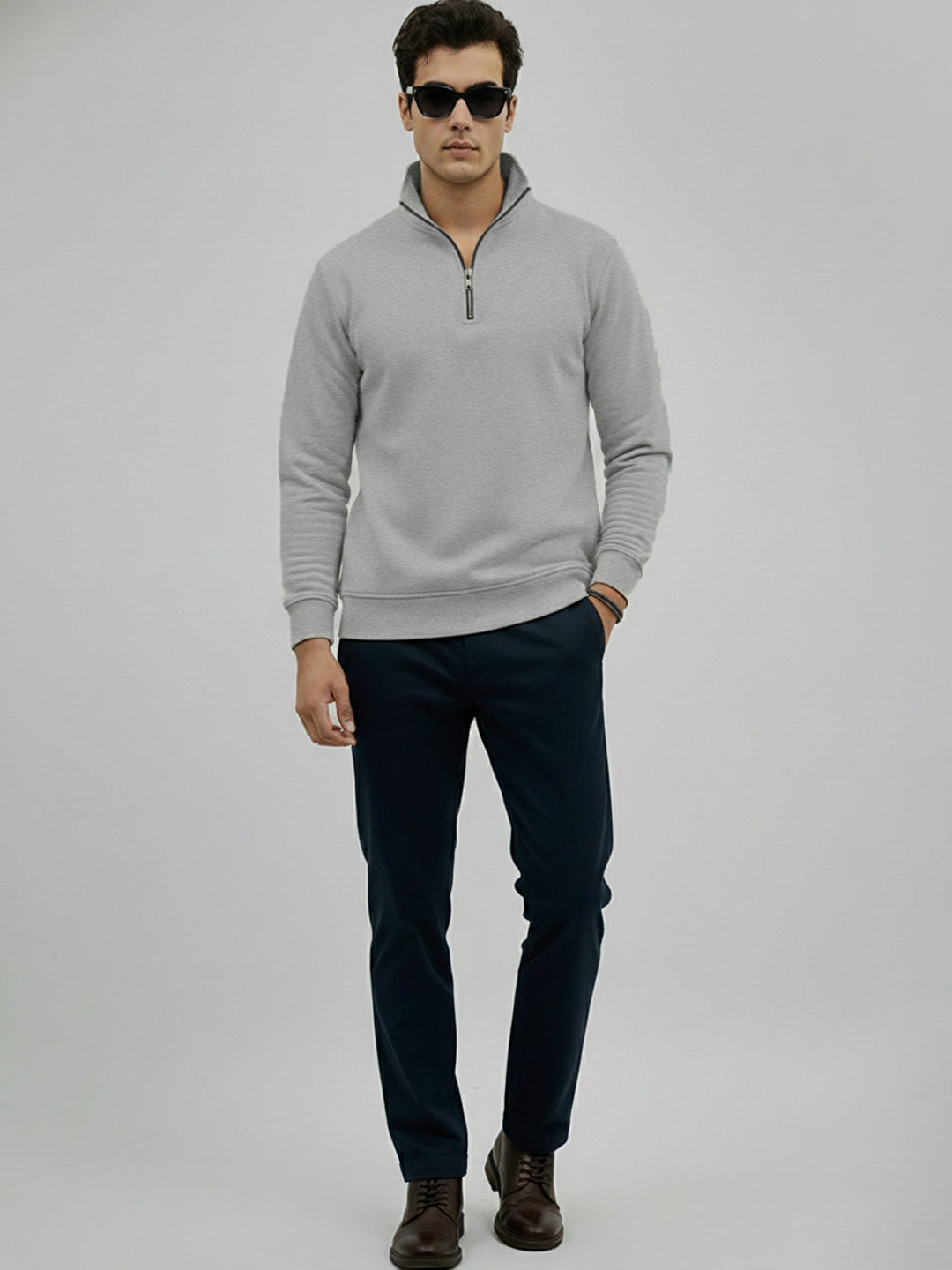 Leotude Grey High Neck Half Zipper Sweatshirt for Men