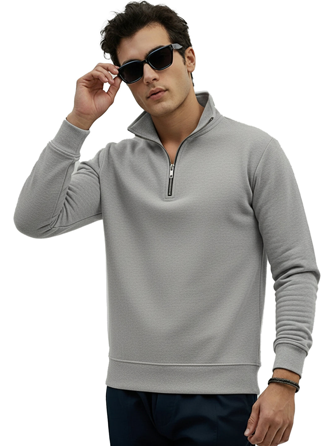Leotude Grey High Neck Half Zipper Sweatshirt for Men