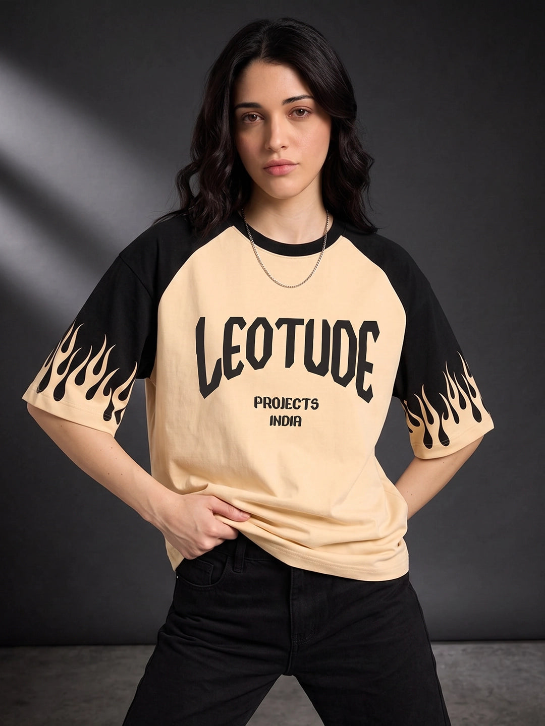 Leotude Women's Flame Print Raglan T-Shirt — Beige Oversized Tee