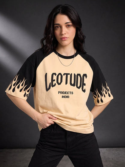 Leotude Women's Flame Print Raglan T-Shirt — Beige Oversized Tee