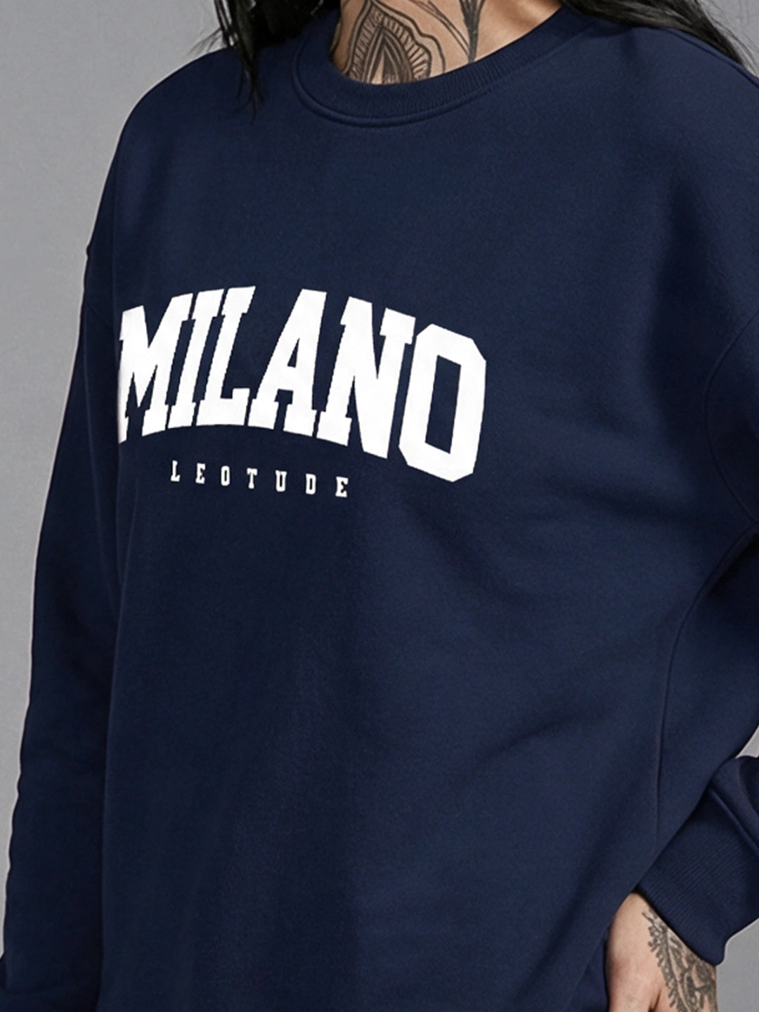 Leotude Women's Navy Blue MILANO Typography Printed Sweatshirt