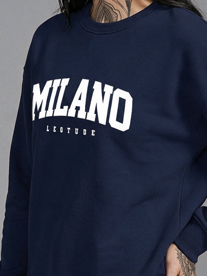 Leotude Women's Navy Blue MILANO Typography Printed Sweatshirt