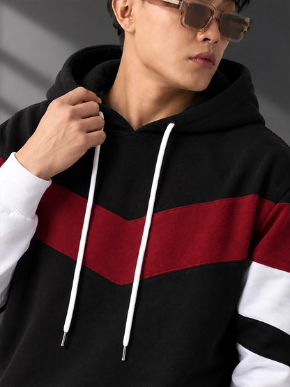 Leotude Black Maroon and White Colorblock Hooded Sweatshirt for Men